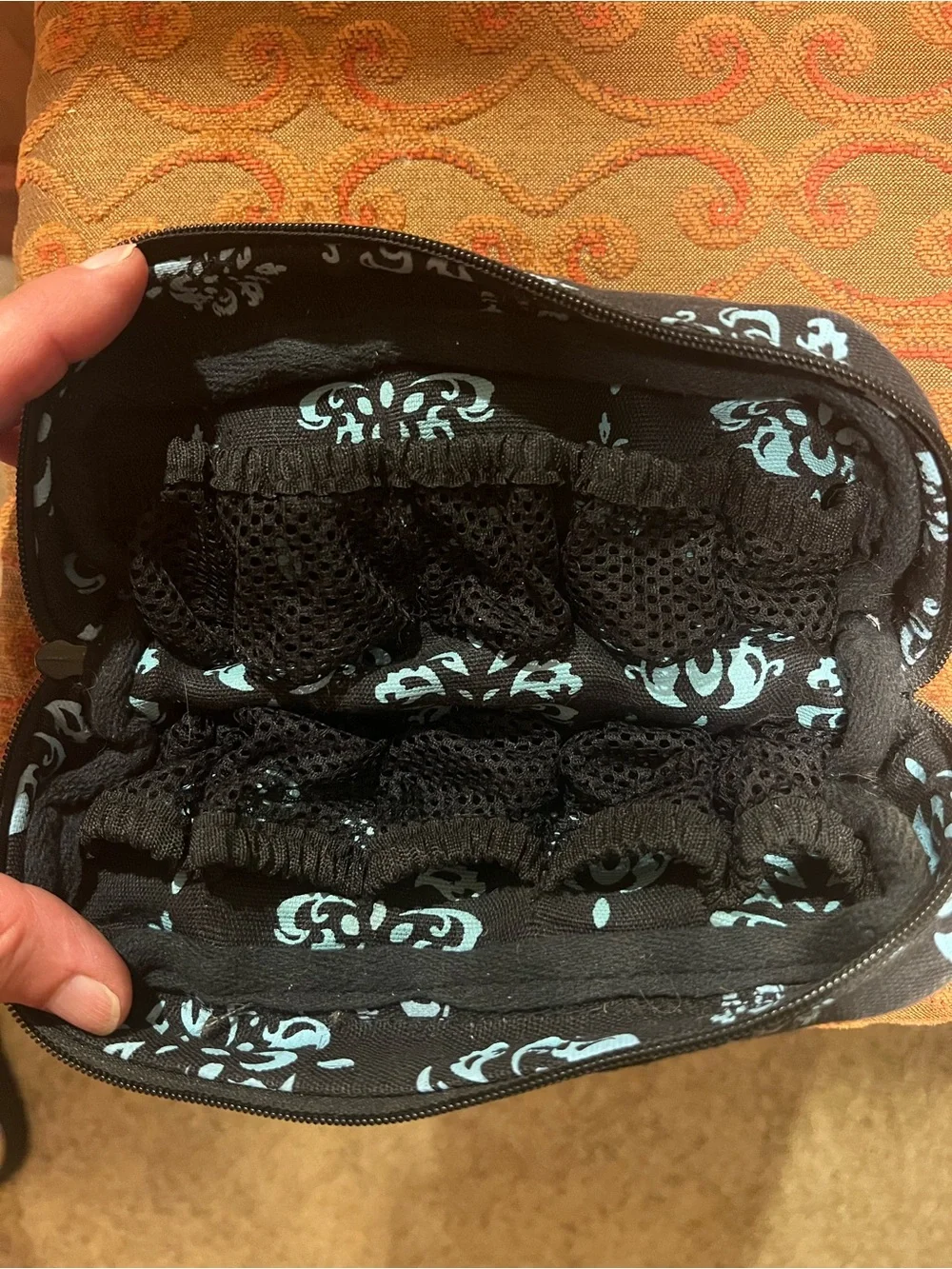 Faded Black and light blue Damask Essential Oil travel Case.